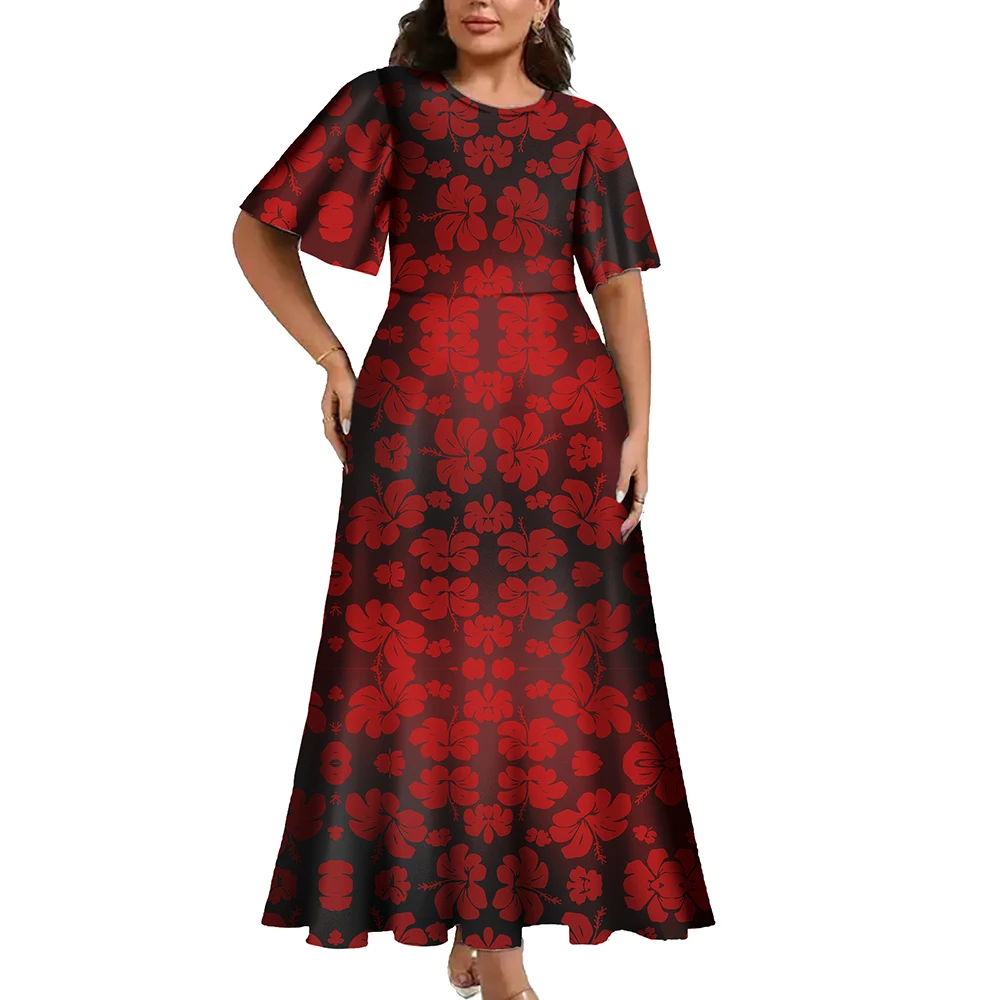 Women Flowers Design Polynesia Long Dress Elegant Holiday Prom Clothes Short Sleeve O-Neck Samoan Island Dress Pacific Hawaiian