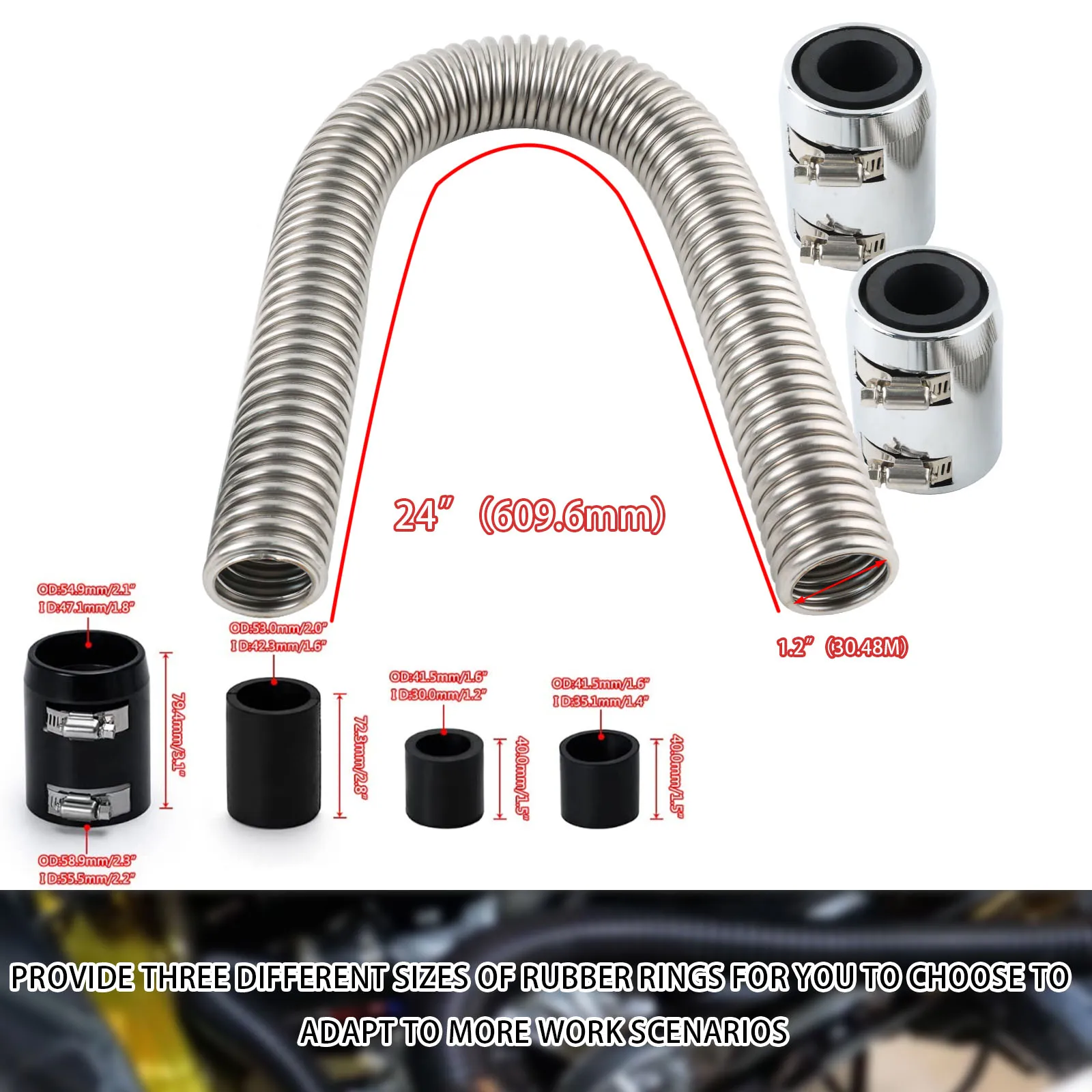 

24" (61cm) Stainless Steel Radiator Hose Flexible Coolant Water Hose Kit With 2 Chrome Caps Universal