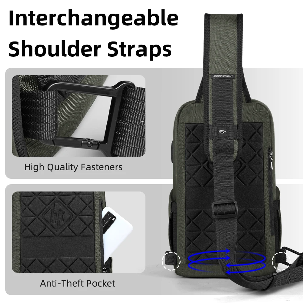 Heroic Knight Multi-Function Men's Shoulder Bag Business Waterproof Sling Crossbody Bag with USB Casual Chest Daypack For Hiking