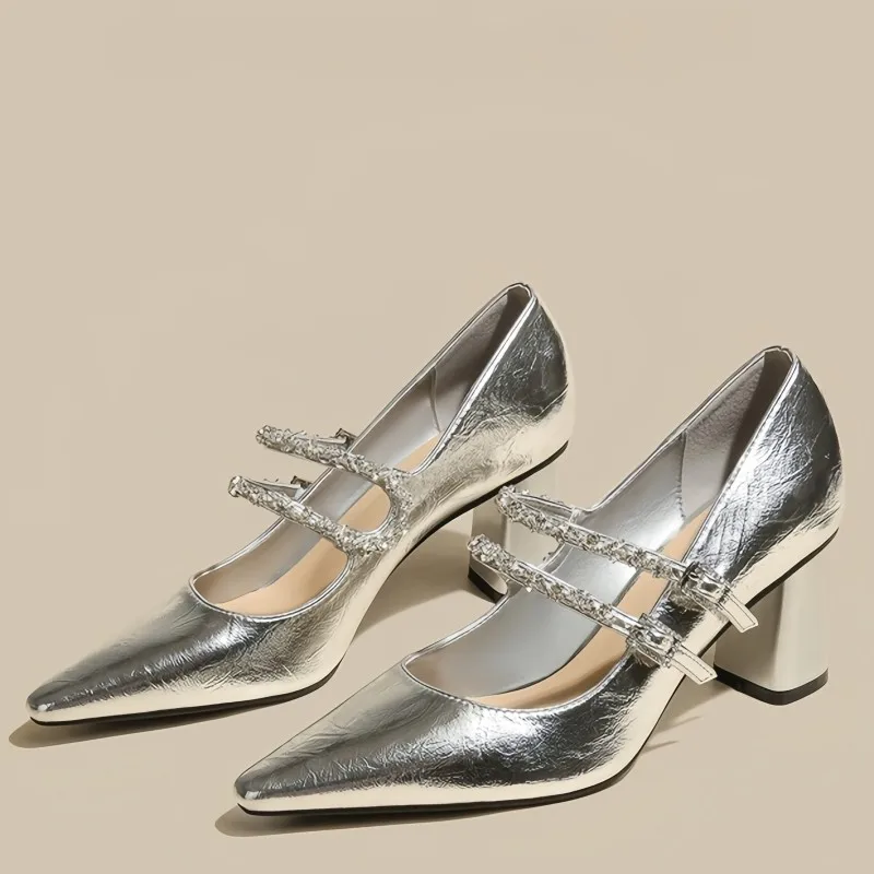 Silver Pointed Toe Rhinestone Double Buckle Block Heel Mary Jane Girls French Versatile Shallow Heel Single