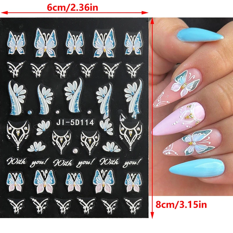 1ชิ้นสติกเกอร์ตกแต่งเล็บลายนูน5D สีสันสดใสดอกกุหลาบผีเสื้อแถบเลื่อนสำหรับเล็บกลีบสีขาวสติ๊กเกอร์ทำเล็บ