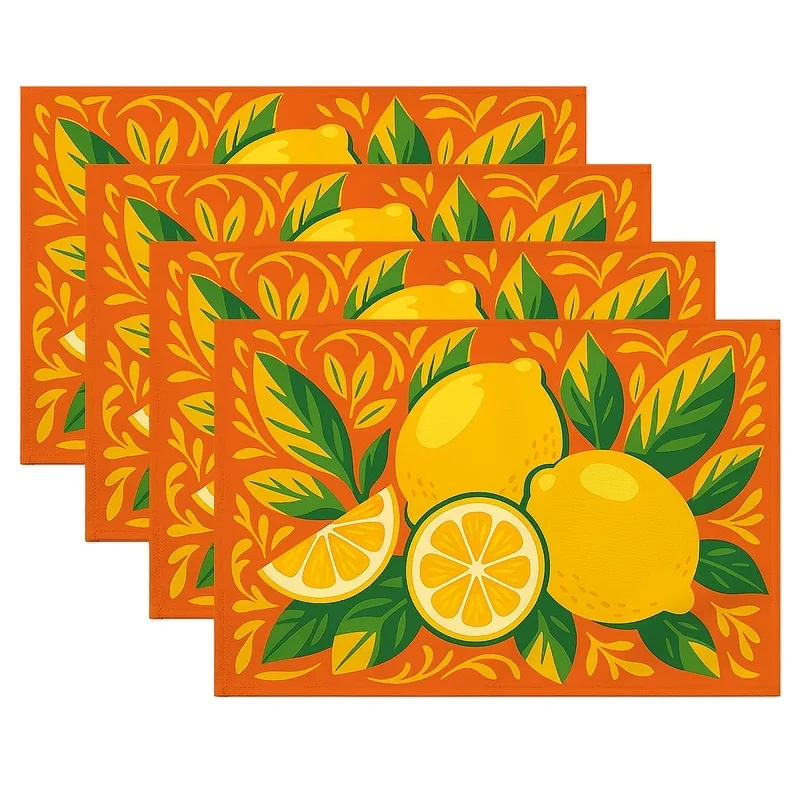 Lemon Branch Placemats Suitable for Farmhouse Decor - Washable Table Mats with Lemon Tree Print, Lemon Slices & Branches