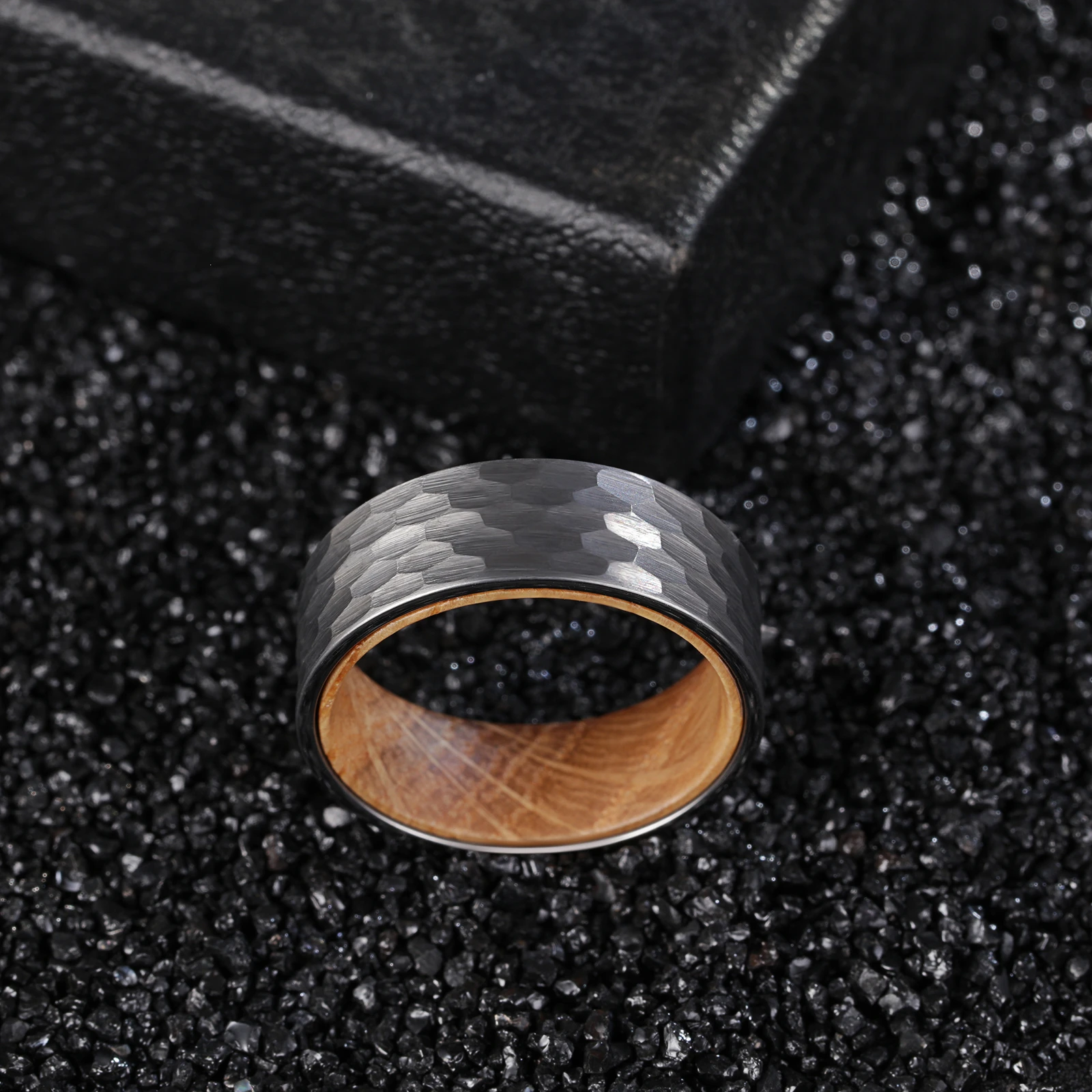 Vintage 8MM Width Tungsten Carbide Hammered Ring with Whiskey Barrel Wood Comfort Fit Custom Man Band Letters/Date Size 7-12