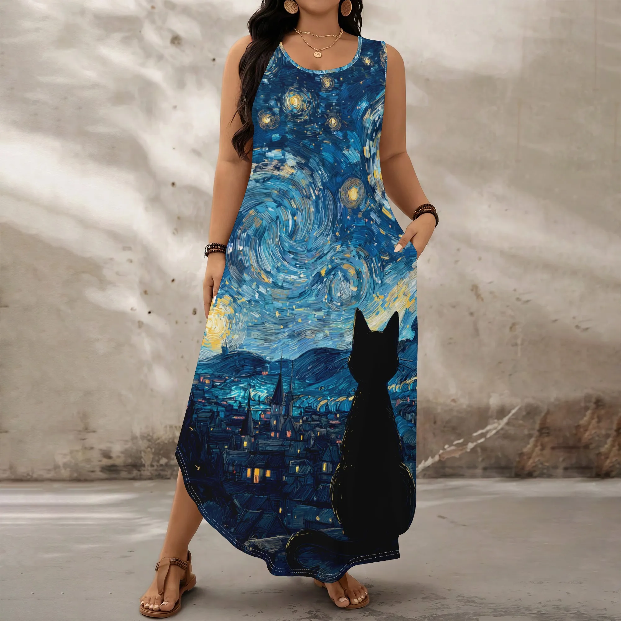 

"Plus Size Halloween Witch Dress | Starry Night with Pumpkin Print | XL-6XL, Perfect for Fall & Halloween Parties"