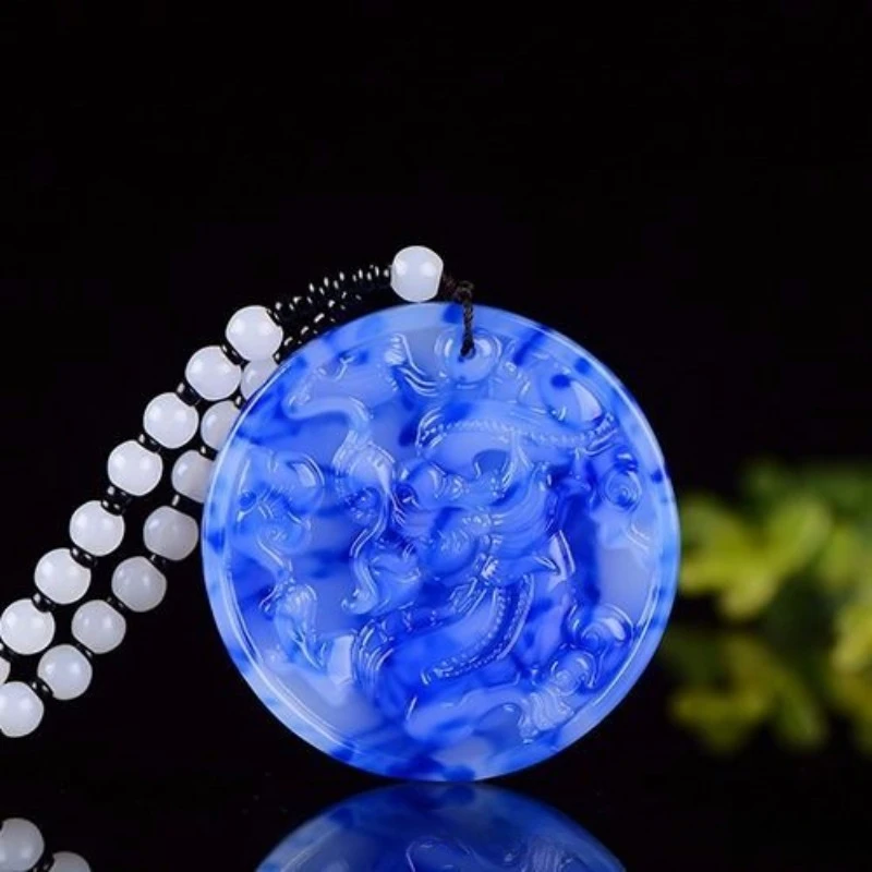 Blue and White Jade Round Zodiac Dragon Brand Pendant Men's and Women's Houses Have Dragon Jade Pendants