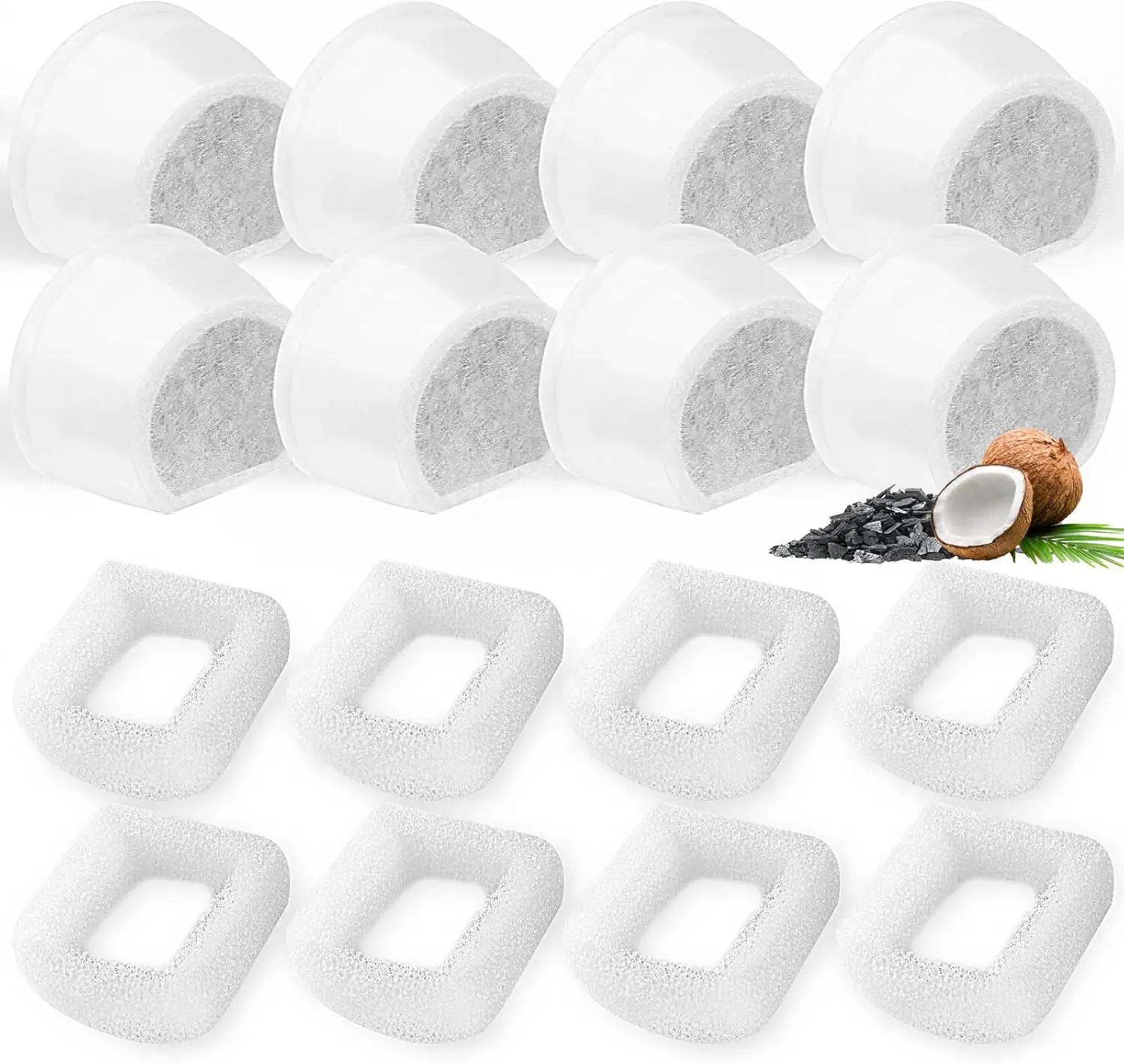

8 Carbon Cat Water Fountain Pre-Filtes and 8 Foam Sponges Replacement Fit for Multiple Ceramic and Stainless Steel Pet Fountains