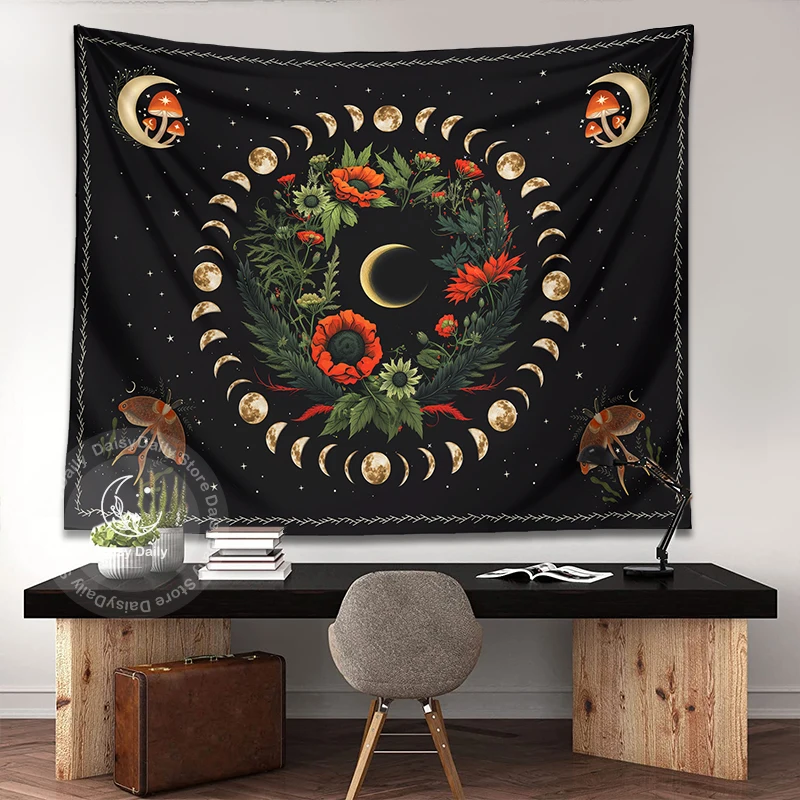 Psychedelic Floral Tapestry Wall Hanging Moon Phase Flower Moth Boho Hippie Aesthetic Flower Wall Carpets Home Room Decor