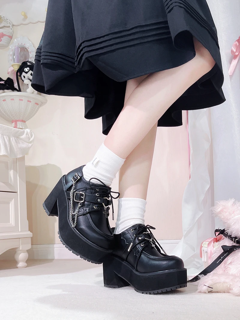 المناجم اليابانية نمط الإنتاج الضخم الشرير سميكة سوليد المتسكعون الدانتيل متابعة سلسلة أنيقة تنوعا لوليتا أحذية حذاء نسائي بكعب عالٍ مضخات #4