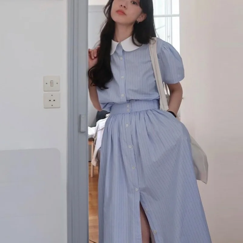 

Spring Summer Fre Color Blo Doll Collar Stripe irt Top Waist Cinched f Skirt Umbrella Skirt Two Piece Set Women