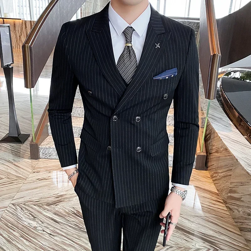 2024 Formal Stripe Men Suits Double Breasted Wedding Groom Stage Tuxedo Man Business Slim Social Formal Suit Dress  2 Pcs / 3pcs