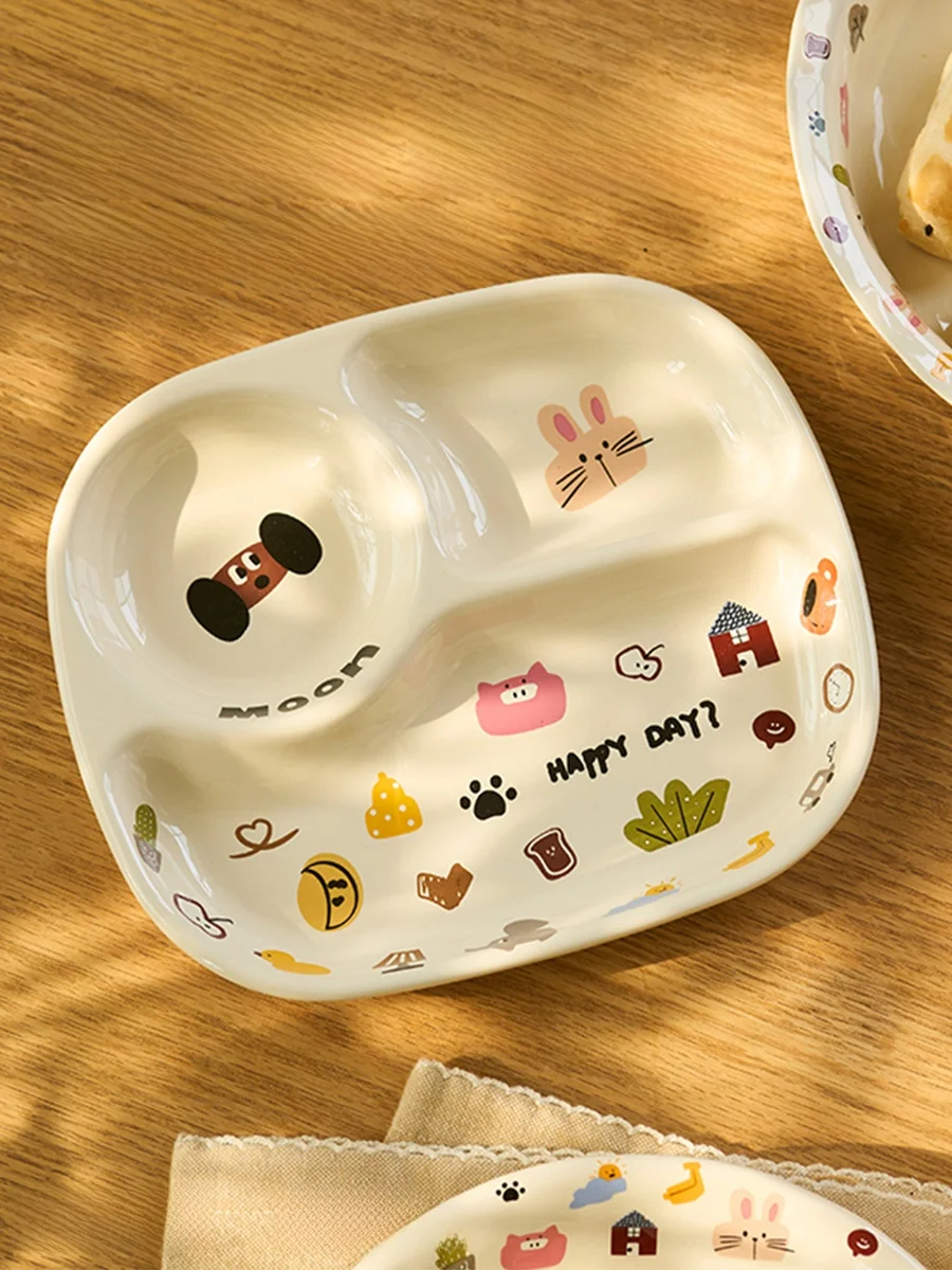 

Милая прямоугольная тарелка с разделителями для диетического питания, дизайн с мультяшными персонажами, для здорового питания дома, 6,5 дюйма