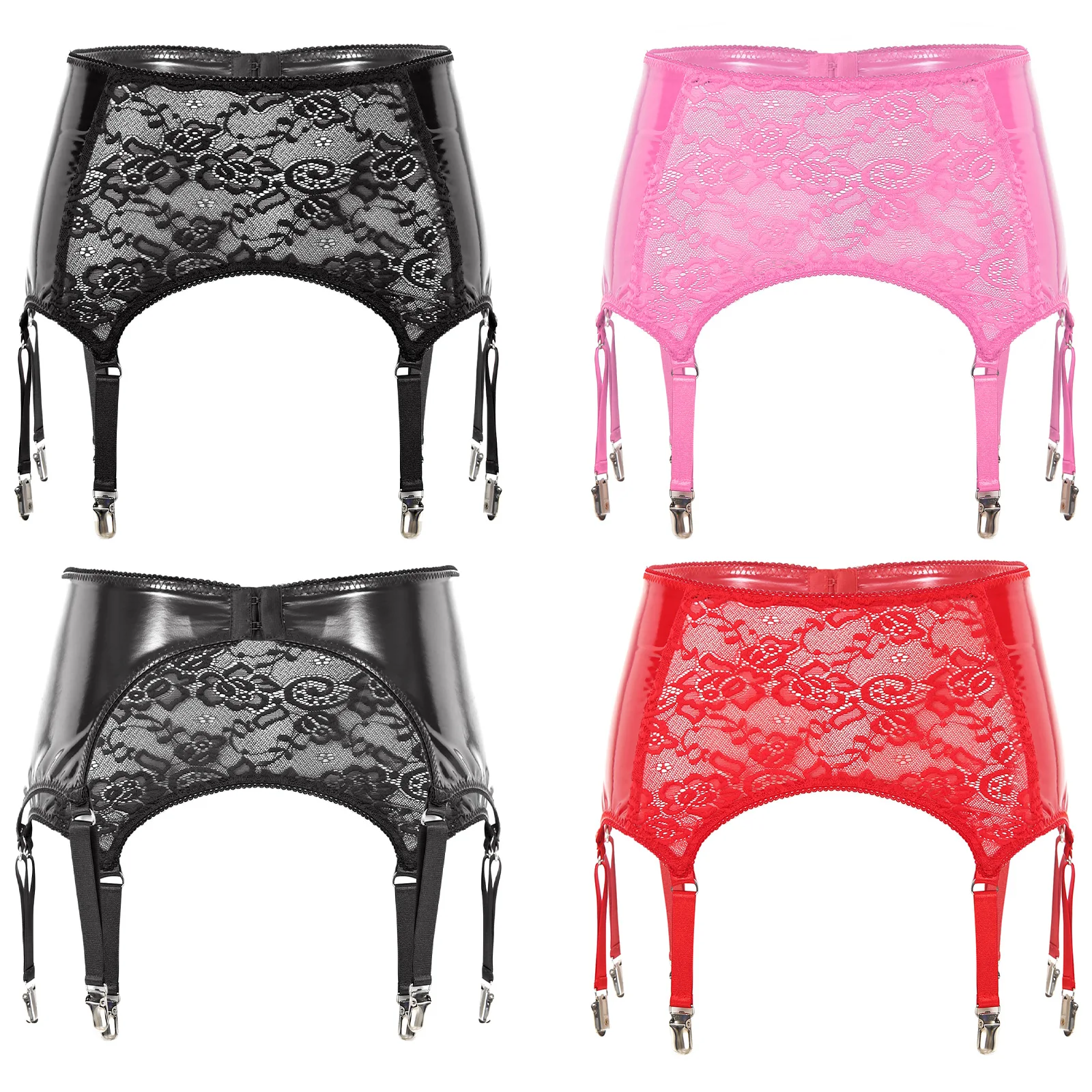 Damen-Strumpfhalter mit Blumenmuster und 4 Clips, PU-Leder-Patchwork, transparenter Netzstoff, Strumpfhaltergurt für Overknee-Strümpfe