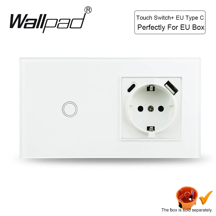 

EU Type C USB Sockets and Touch Light Switches Wallpad White Glass 1 Gang French Smart Switch and 110~250V 16A 157*86mm Socket