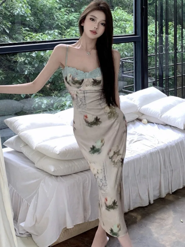 

Women Elegant Summer Slim Midi Dresses Spaghetti Strap Print Lace Patchwork Backless Dress Evening Party Prom Gown Vestidos New