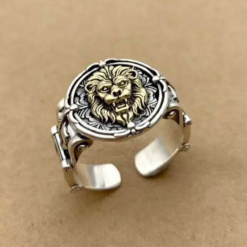 

Baroque style men's sterling silver open lion head ring, domineering trendy jewelry, retro European and American influencer inde