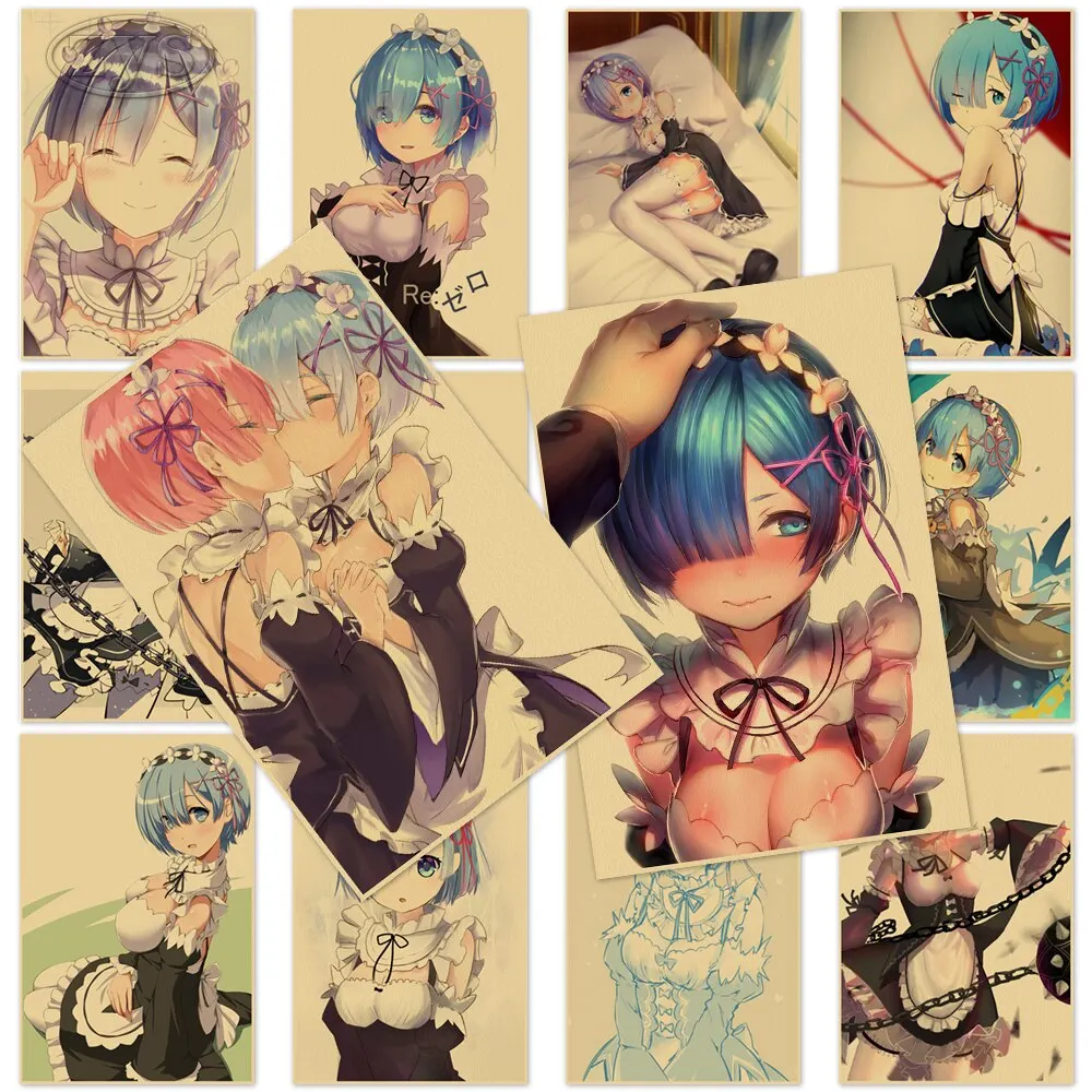 ريزيرو ملصقات فنية لجدار الأنمي ، ريم ، رام ، إميليا ، مطبوعات ورق كرافت لتزيين الغرفة #1