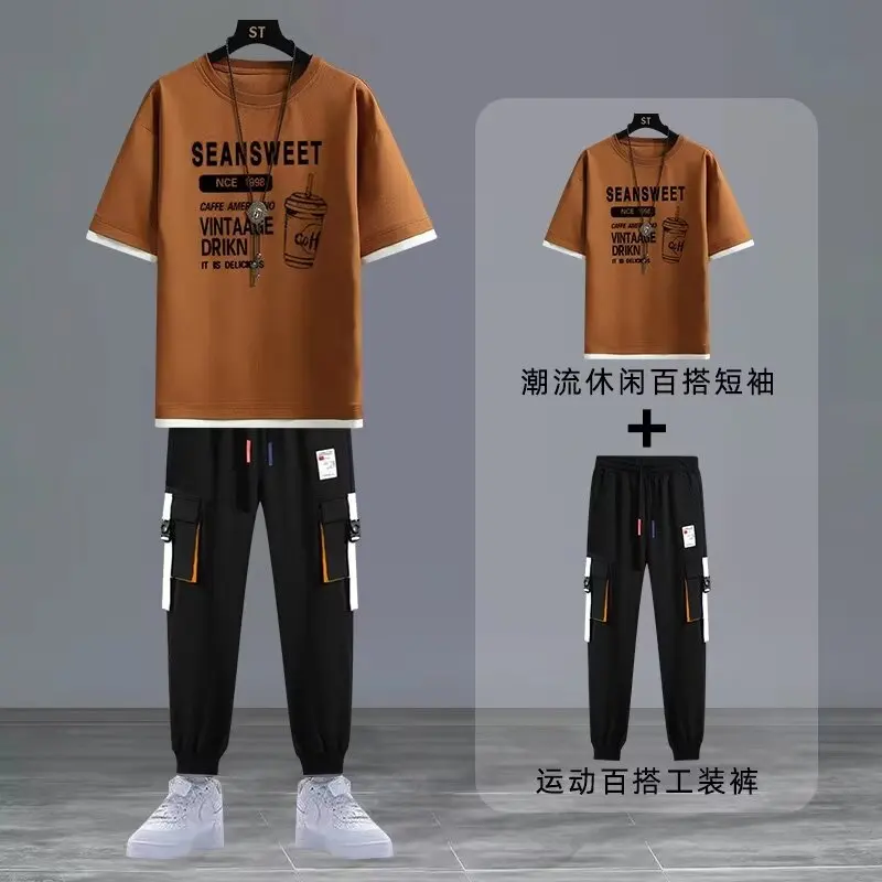 Summer Men\'s Sets Trend T-shirt Multi-pocket Cargo Pants 2 Piece Sets High Quality Fashion Sports Suits Men Clothing 2024