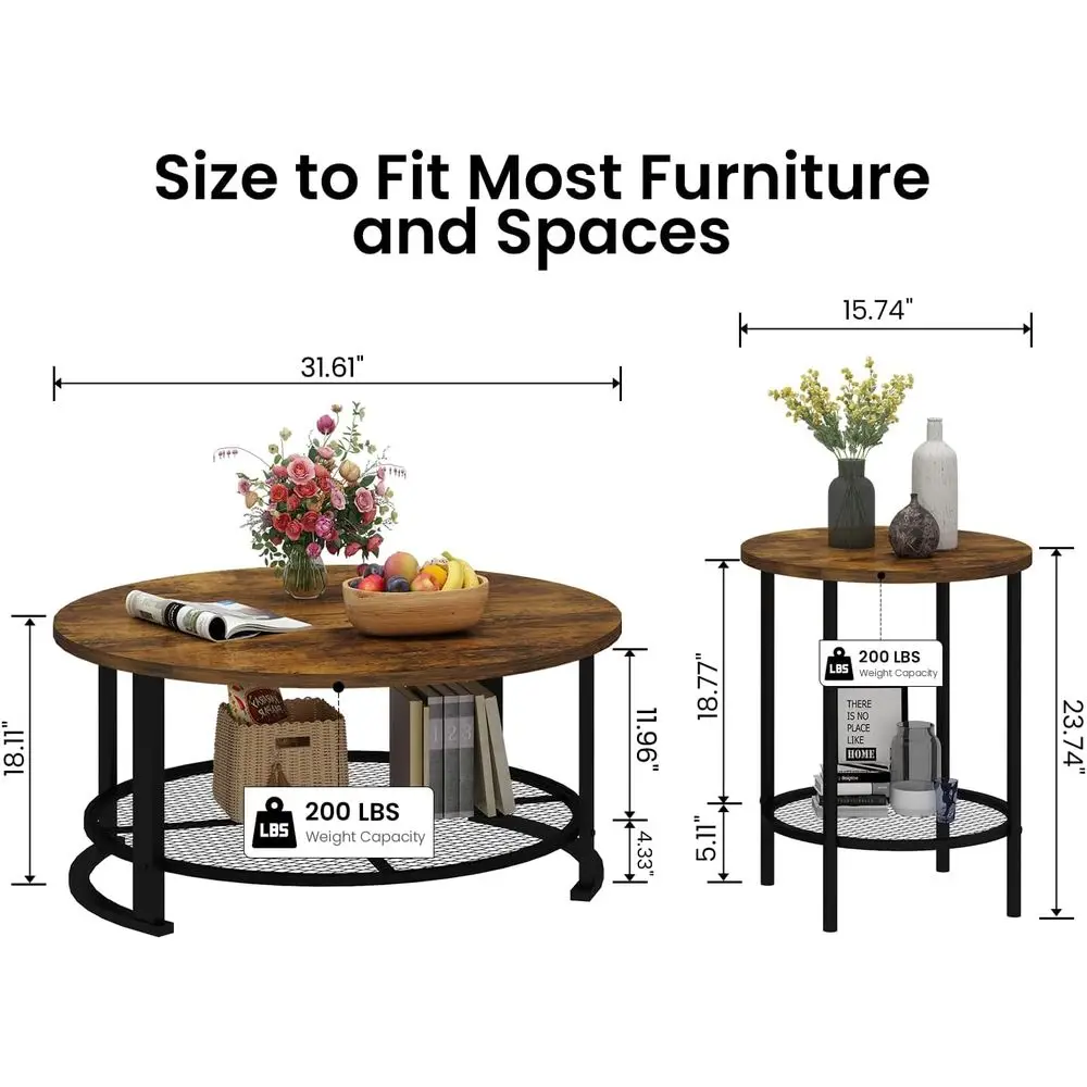 Round Coee Table and End Table Set o 3 with Storage, ern Vintage k Brown Coee Table and Side Table or Living Room, Oice, Aparent - view 3