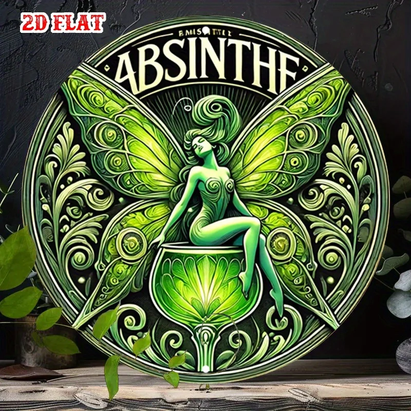 2D Flat, 1pc Vintage Absinthe & Goblet Drink Metal Wall Art Sign - Elegant Green Round Aluminum Rustic Fairy-Painted Tin Sign Su