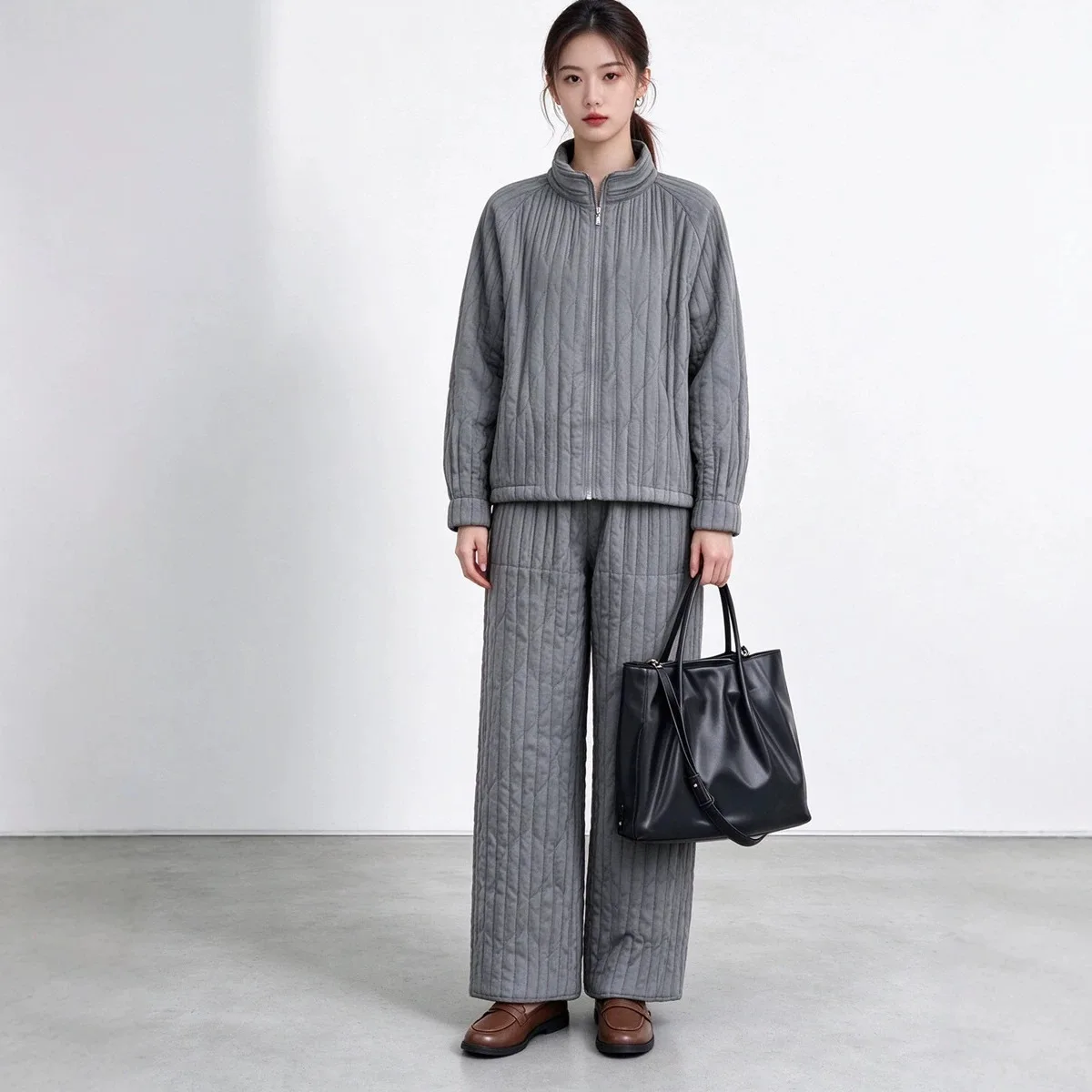 Miyake Ladies Vertical Stripe Padded Two Piece Set, High Neck Zipper Coat + Loose Wide Leg Trousers Casual Warm Outfit
