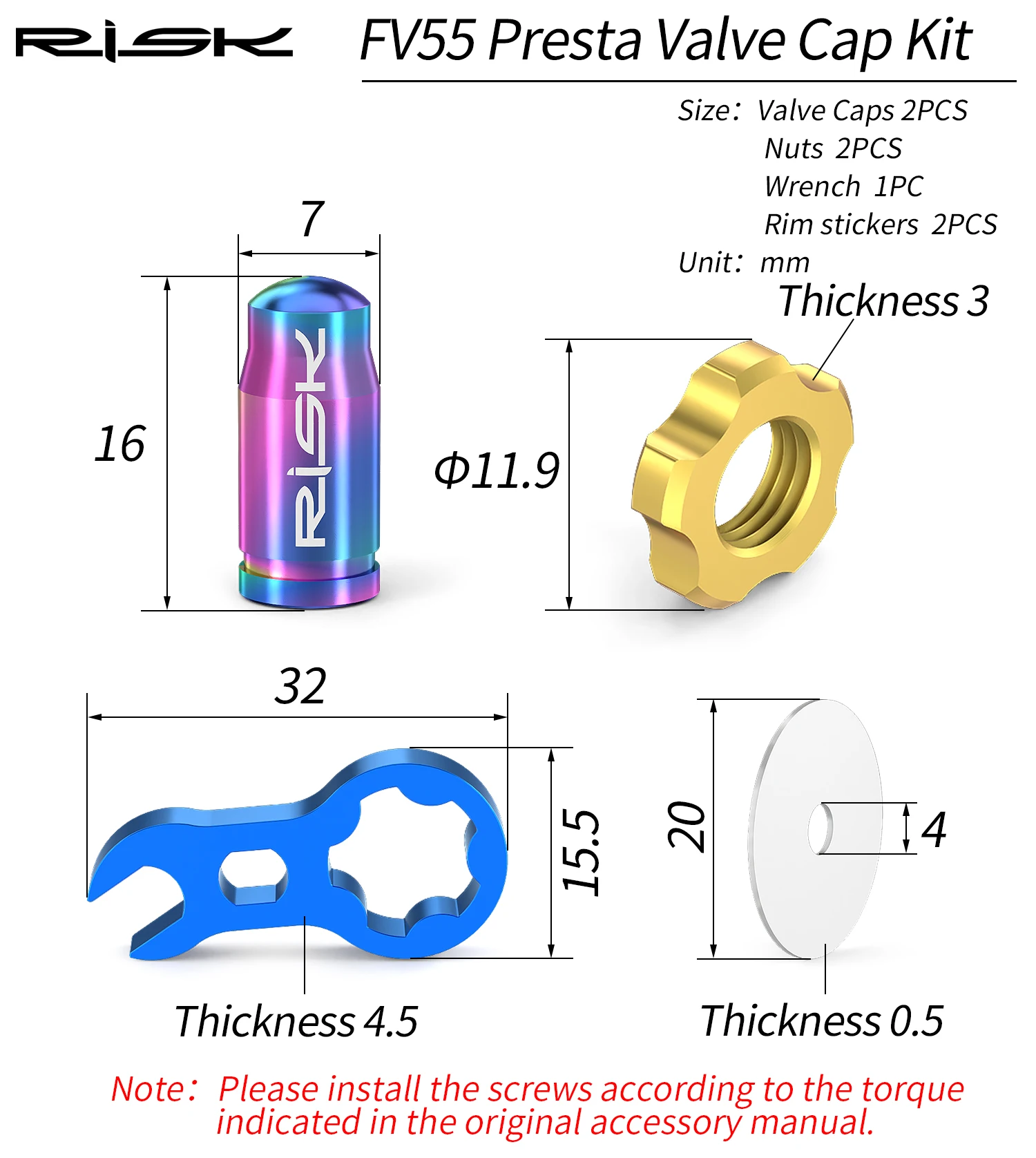 Risk MTB Rennrad Presta Schrader Ventilkappe Wasserdicht Staubdicht FV AV Ventildeckel, Titanlegierung Mutter mit Schraubenschlüssel Werkzeug – Detail 7