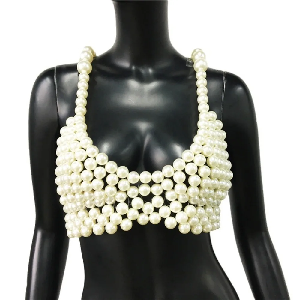 Camisola de perlas blancas de lujo para mujer, chaleco Sexy con espalda descubierta, cuello en V profundo, tirantes, ahuecado, sin mangas, traje de fiesta para Club nocturno