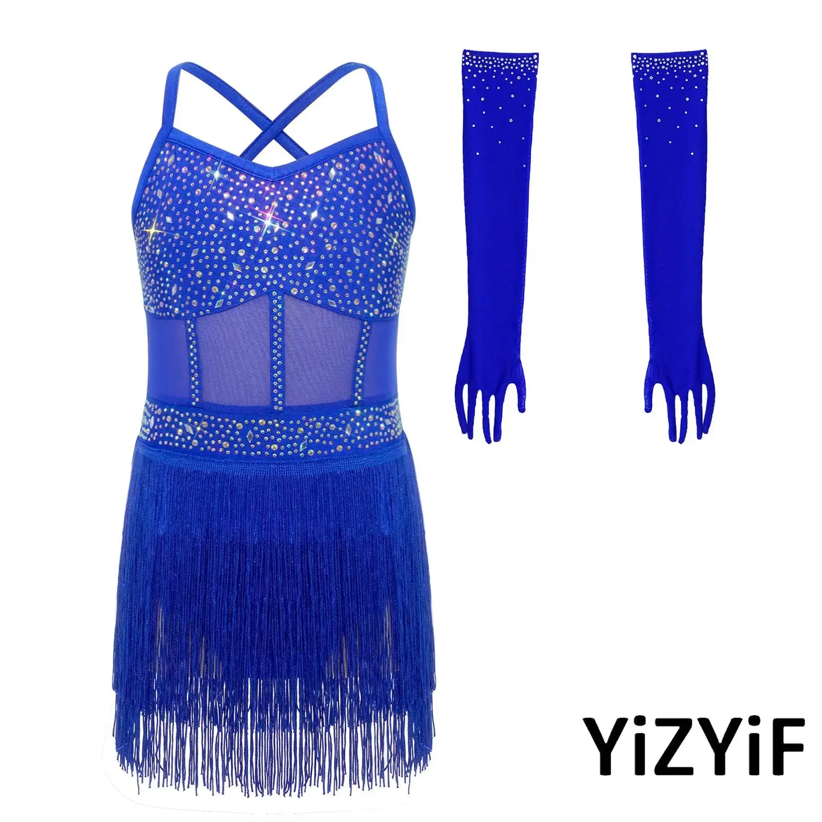 

Kids Girls Latin Ballet Dance Outfit Sleeveless Cross Back Mesh Patchwork Tiered Tassel Rumba Tango Dance Leotard with Gloves
