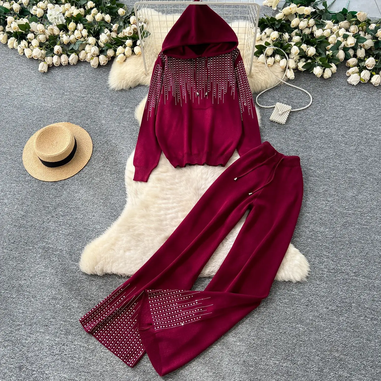 Two Piece Sets Women Pant Set Hooded Knit Sweatshirts Tops Hot Drilling Wide Leg Long Pants Elastic Waist Y2k Streetwear