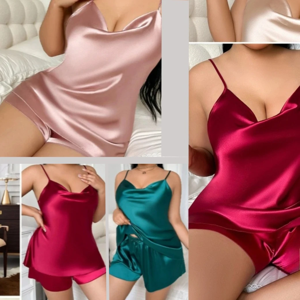 

Комплект пижамы оверсайз из сатина: сексуальный топ на бретельках и шорты, домашняя одежда, летняя пижама, белье для сна без спинки