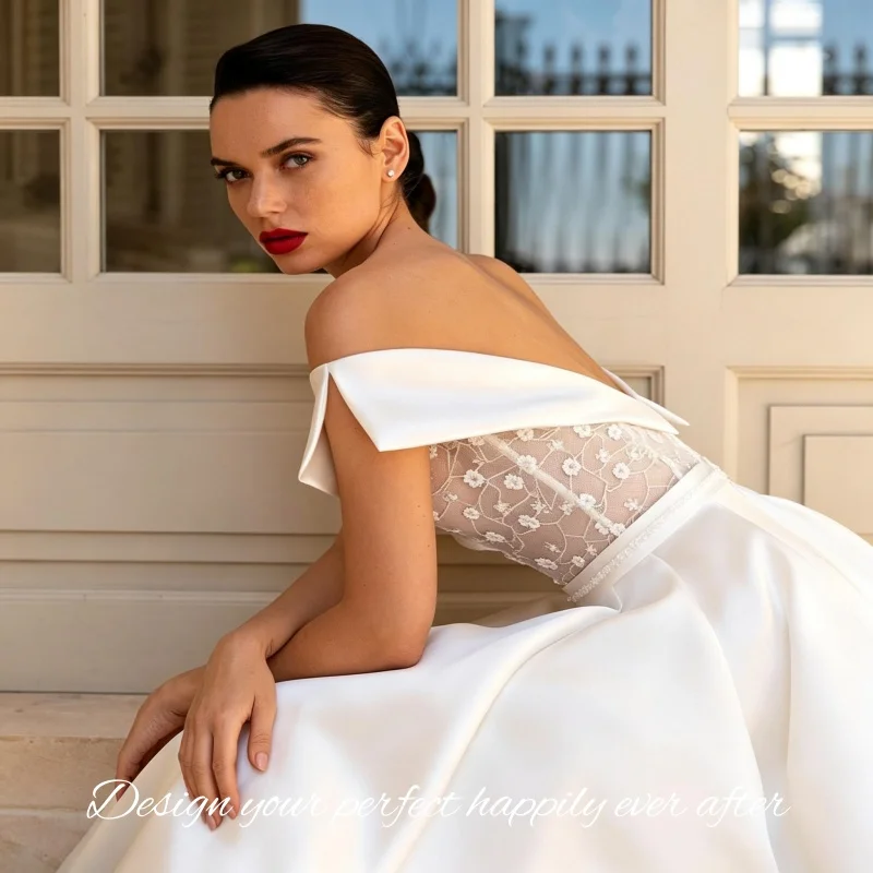 Illusion Lace Bodice Satin Wedding Gown 2026 Chapel Train Sash Belt Off‑the‑Shoulder Bridal Dress Vestidos De Novia Customized