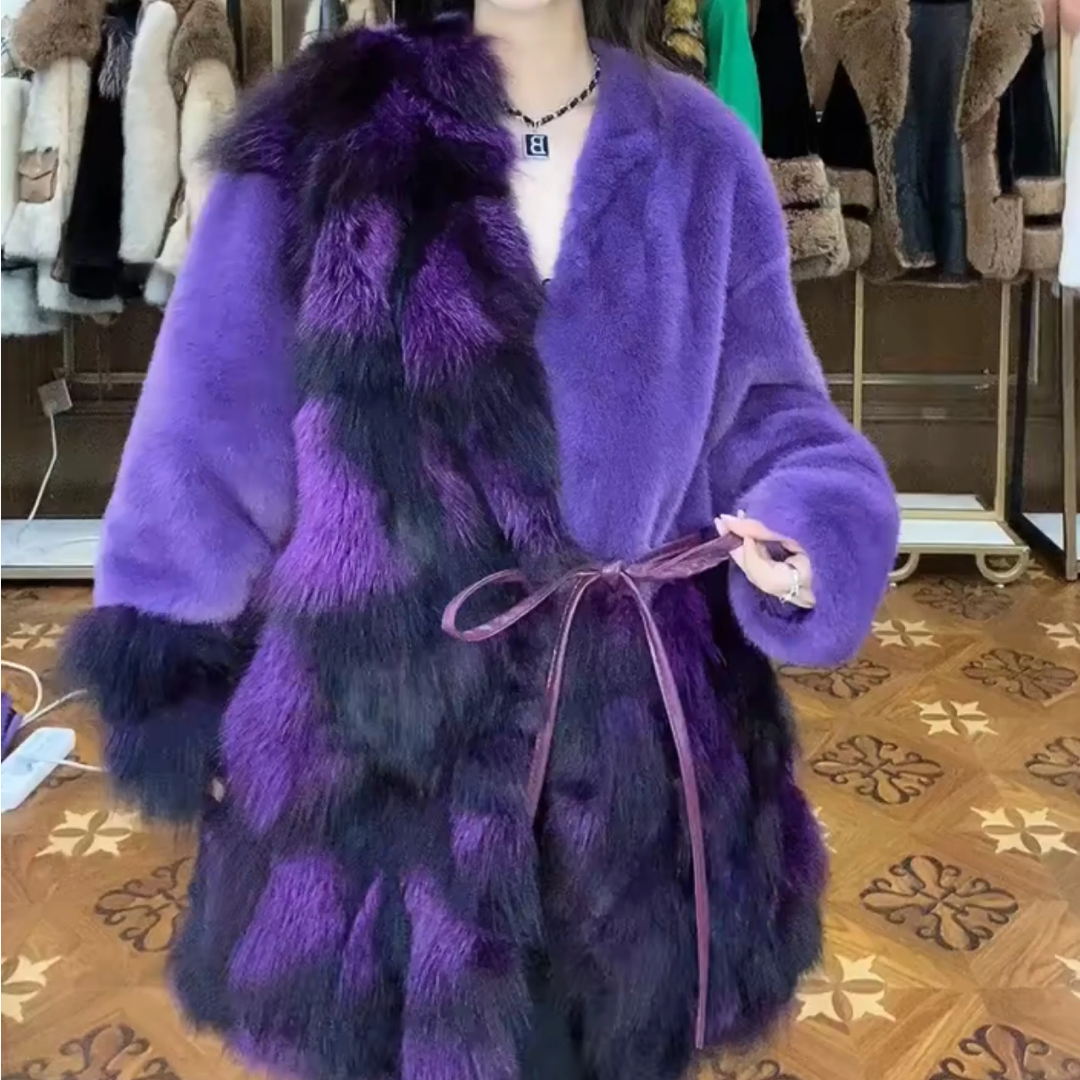 2023 New Fashion Lady Fox Fur Patchwork Mink Fur Overcoat Winter Warm Long Sleeve Outerwear Trendy Age Reduction Faux Fur Coat