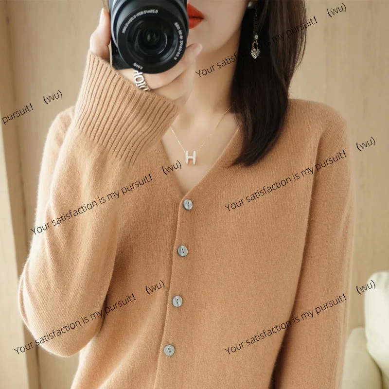 Jaket kardigan rajutan, kemeja dalaman, sweater lengan panjang V-neck, musim semi dan gugur, versi Korea untuk wanita