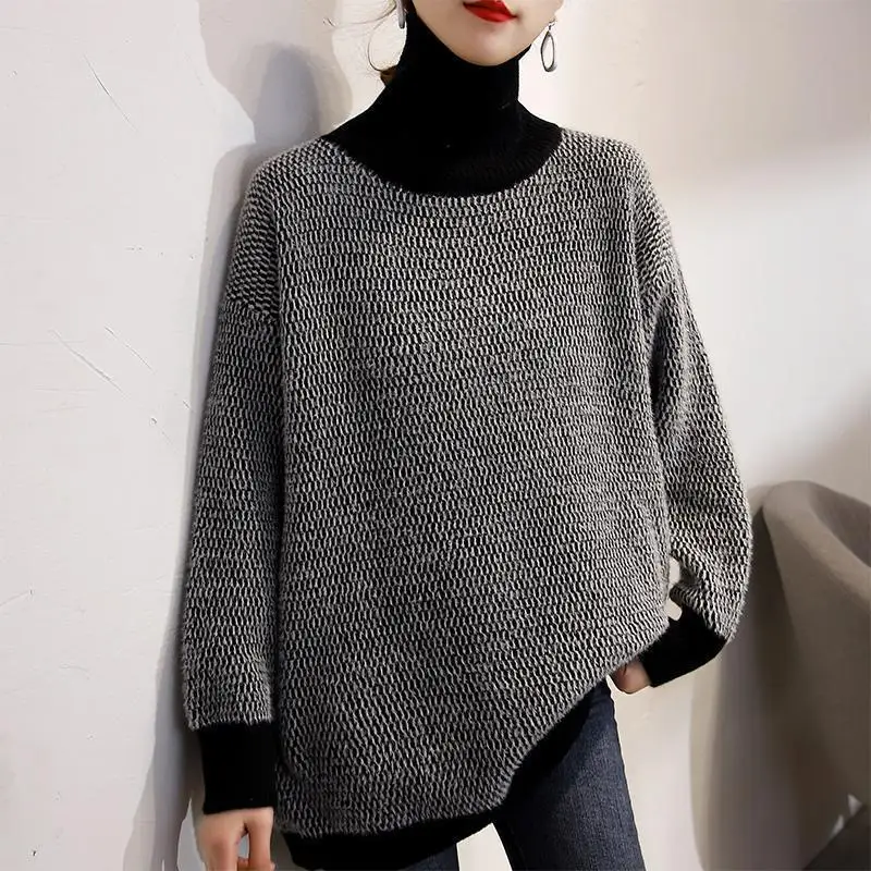 Women\'s Clothing Commute Vintage Turtleneck Jumpers Autumn Winter New Stylish All-match Patchwork Long Sleeve Knitted Sweaters