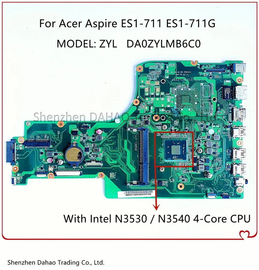 

NB.MS211.002 NBMS211002 For Acer Aspire ES1-711 ES1-711G Laptop Motherboard With N3530/N3540 CPU DDR3L DA0ZYLMB6C0 100% Working