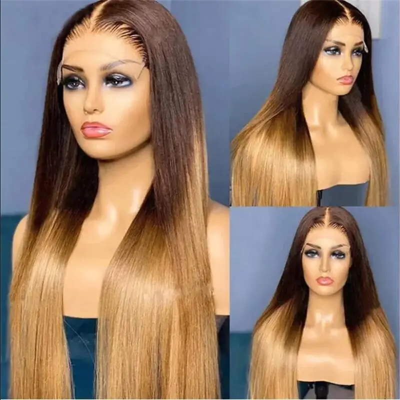 26 Inch Synthetic Ombre Blonde Straight 180 Density Preplucked Glueless Lace Front Wig For Black Women Baby Hair Heat Resistant