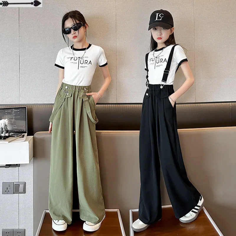 Girls' backpack pants summer thin drape suit pants and T-shirt children's trendy set suspender pants2-piece set