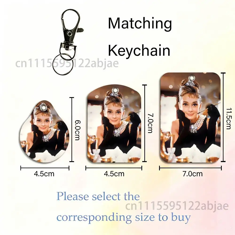 A-Audrey H-Hepburn Rectangle ID Card Case Keychain Access Card Bag Key Tag Ring Leather Card Holder Key Ring
