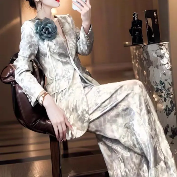 

Insozkdg Autumn New Fashion Pants Set Luxury High end Tie Dyeing Slim Suit Blazers Wide Leg Pants Two Piece Set Women Outfits