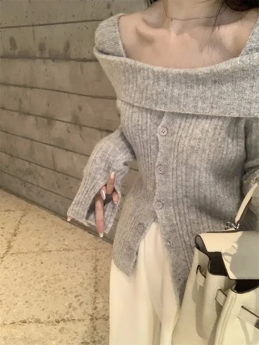 2024 Korean Gray Off Shoulder Solid Knit Sweater Women Old Money Style Long Sleeve Jersey Y2K Gyaru Slash Neck Basic Jumper Tops