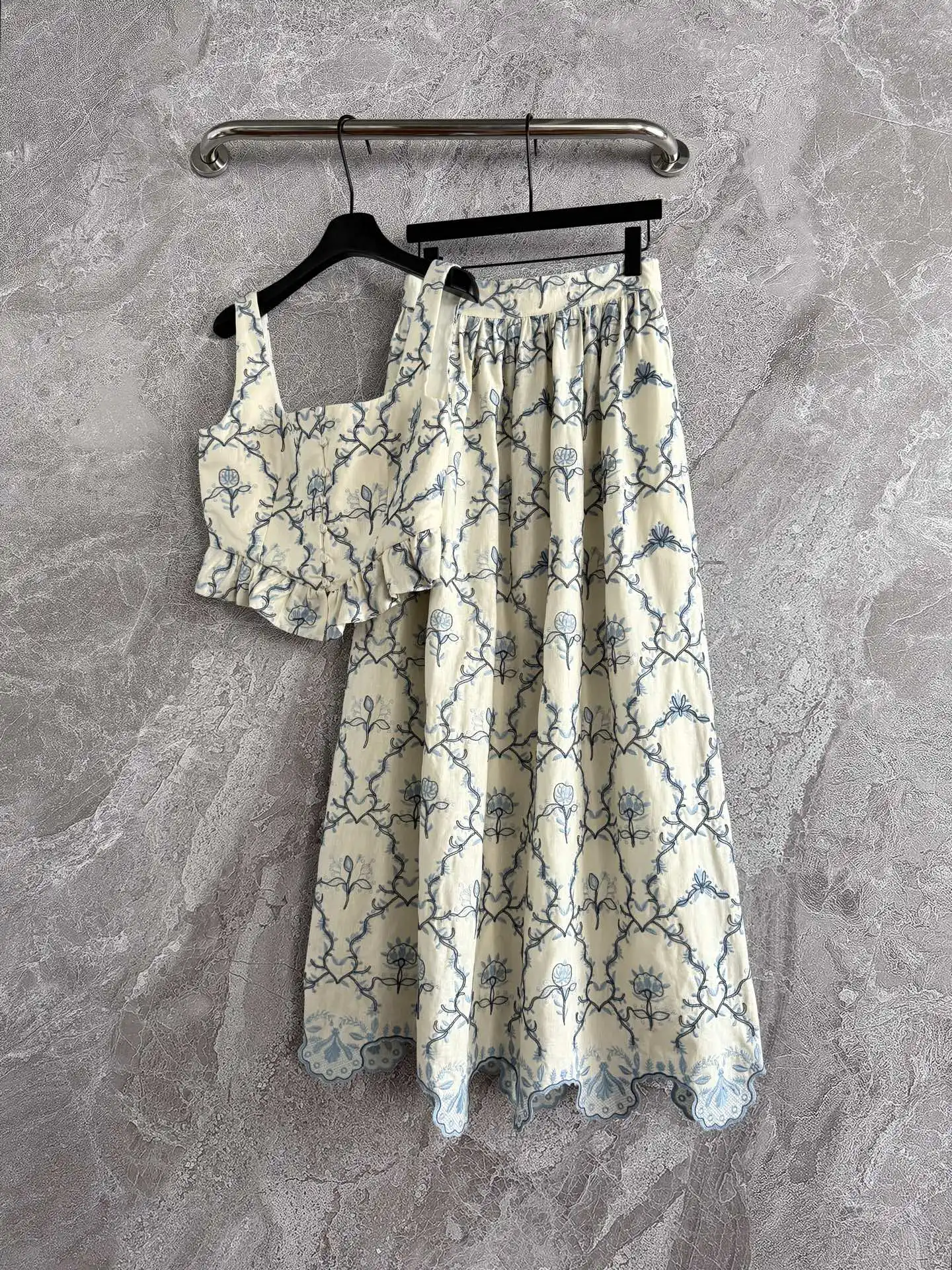 Women Blue Embroidery Suits Ruffles Spliced Square Collar Single Breasted Sleeveless Vest + High Waist A-Line Long Skirt Set