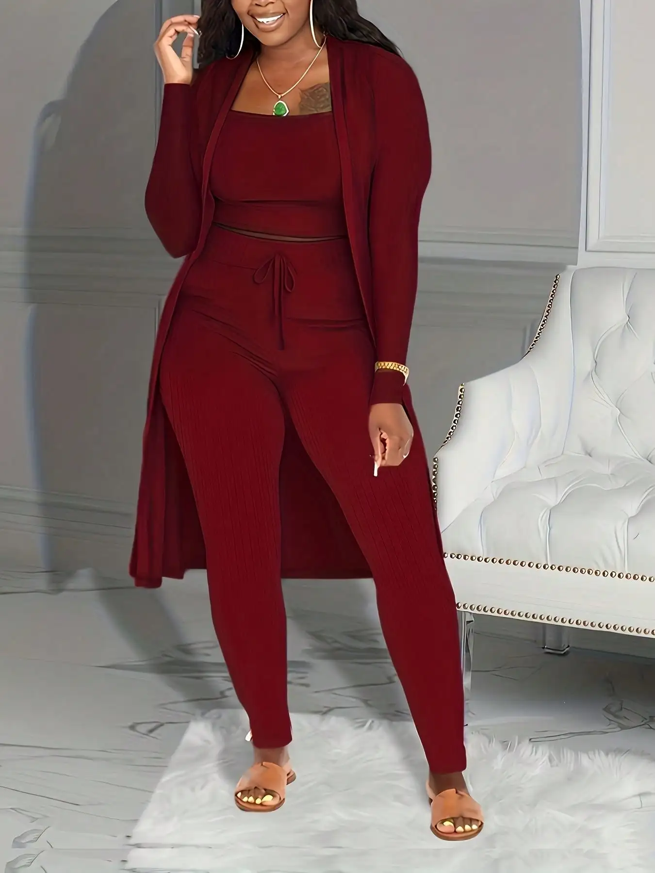 

Ribbed 3-Piece Set: Crop Top, High-Waisted Drawstring Pants & Long Cardigan