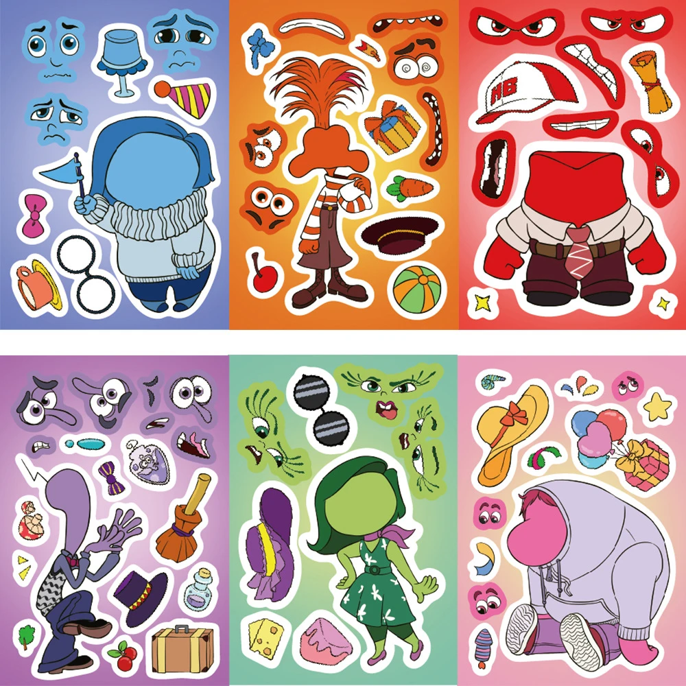 8/16sheets Inside Out 2 Cartoon Puzzle Stickers Disney Anime Character Make a Face Assemble Jigsaw Decoration Toy Party Favors