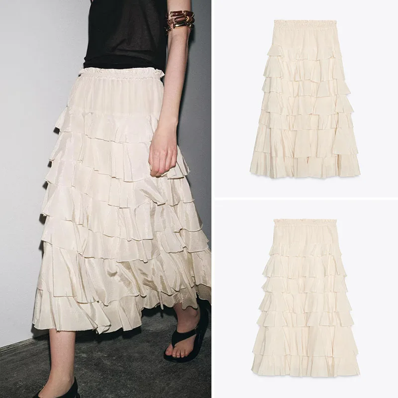 

Юбка Ele Midi, женское новое поступление, лето 2025 г., многослойная декоративная уличная юбка свободного покроя, длинная юбка чистого цвета