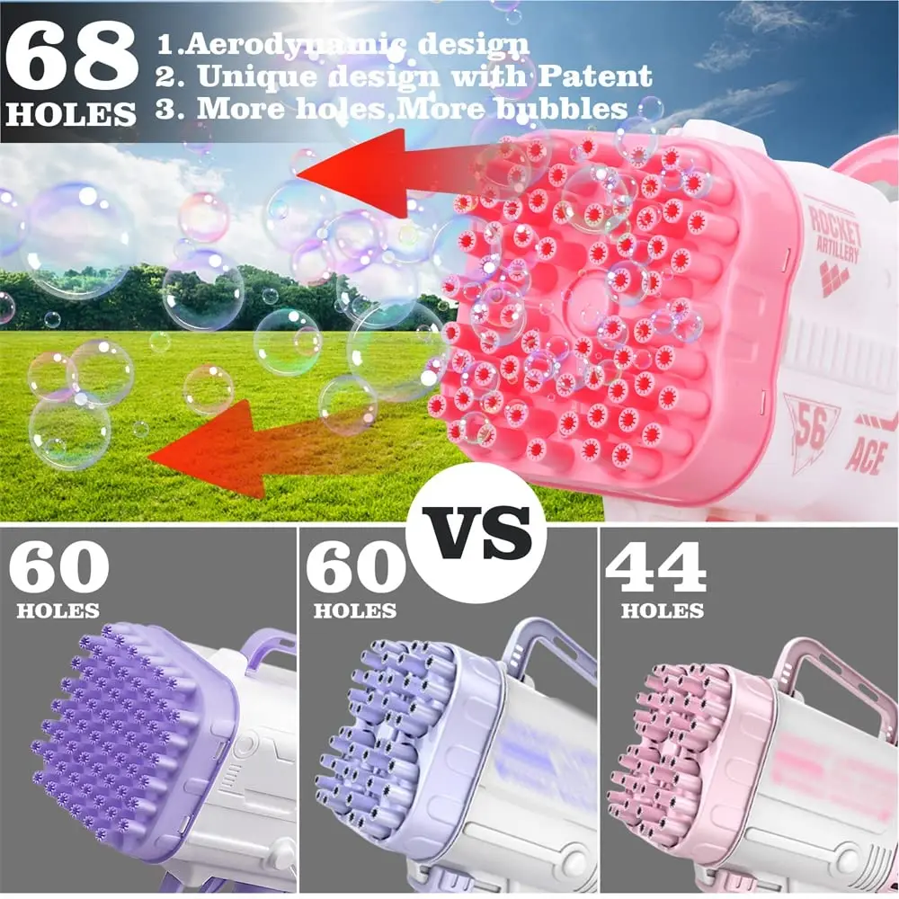 69 홀 로켓 버블건, 자동 버블 기관총 발사기 모양 송풍기 비누 장난감, 어린이 버블 머신 파티 용품