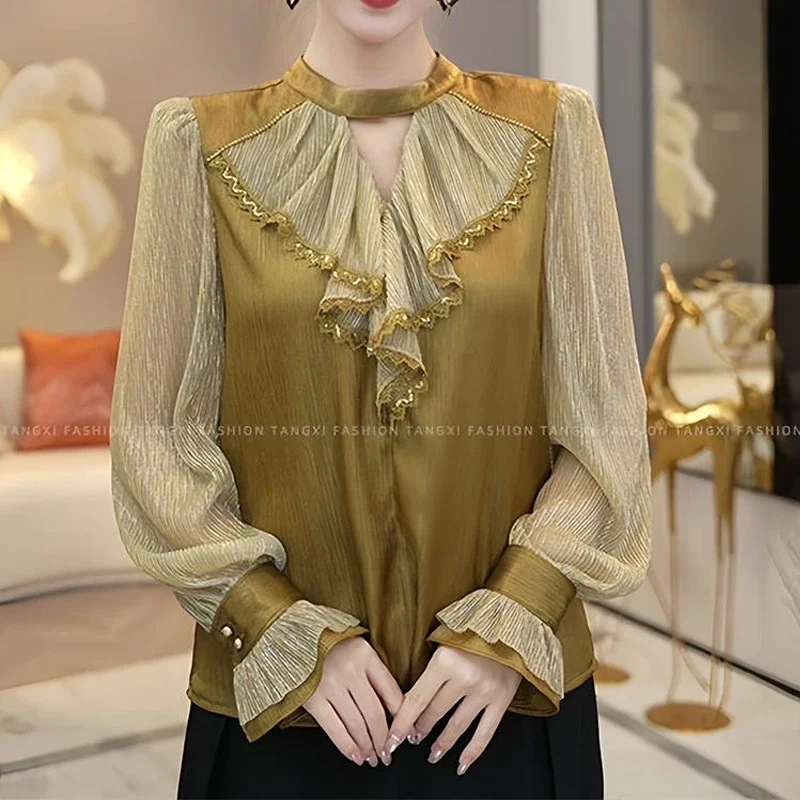 Women Luxury Trendy Ruffles Lace Patchwork Shirt Office Lady Vintage Elegant Harajuku Hollow Blouse Long Sleeve Loose Tops