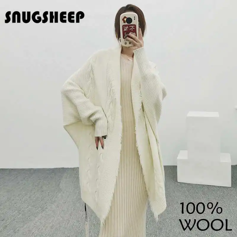 Bat sleeve tassel wool women long cardigan white knit sweater fashion woman clothes cable jacket womens cardigans luxury winter