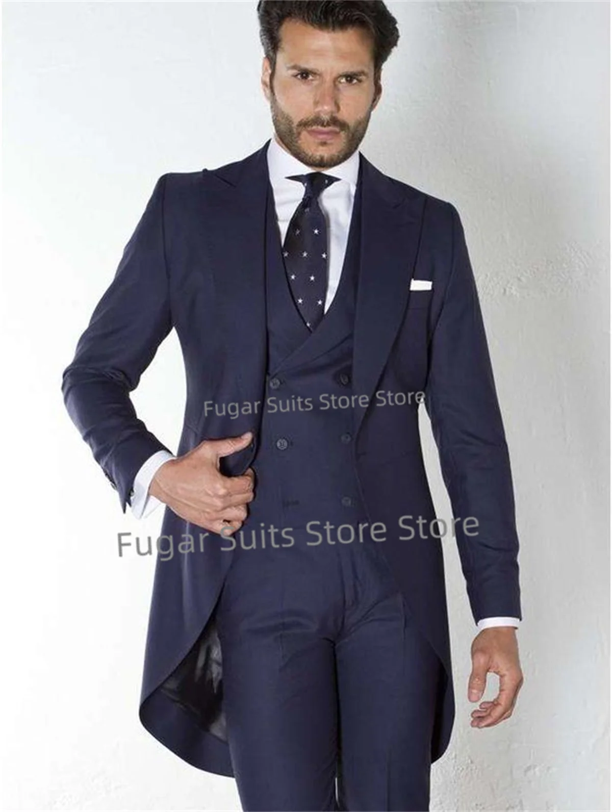 

Business Navy Blue Long Wedding Suit For Men Slim Fit Peak Lapel Groom Tuxedos3Pieces Sets High Qublity MaleBlazer Costume Homme