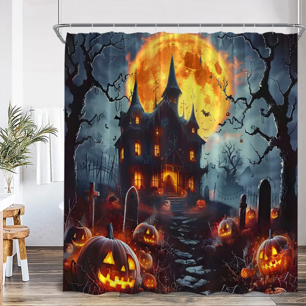 Scary Night Shower Curtain Haunted House Full Moon Gothic Castle Pumpkin Lantern Spooky Bathroom Decor Halloween Bath Curtain