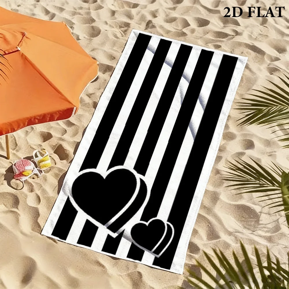 Striped Black Heart Beach Towel Oversized Microfiber Towel For Seaside Swimming Outdoor Activities