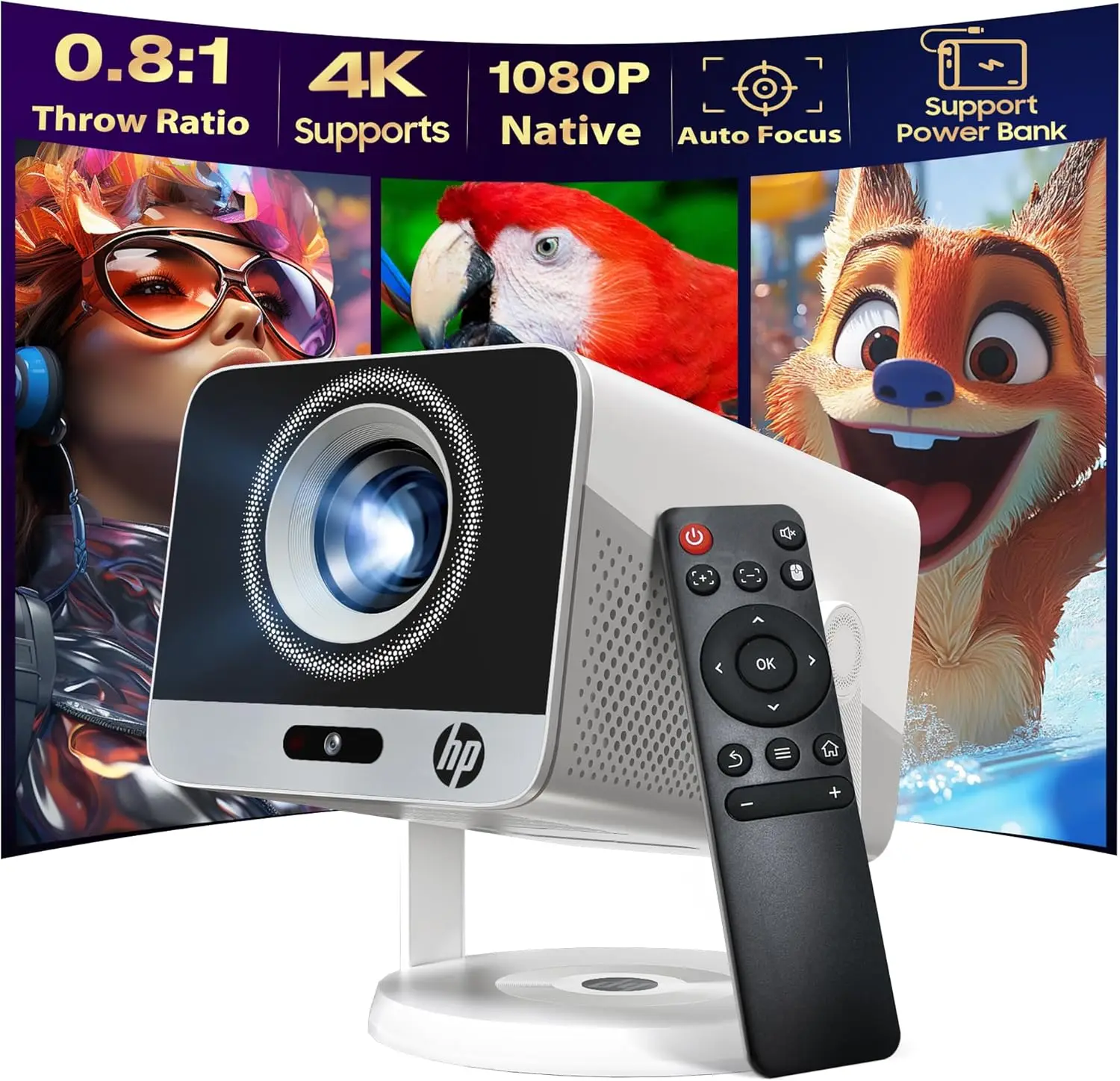

Мини-проектор 1080P Full HD, портативный, с Wi-Fi и Bluetooth, для коротких дистанций, умный проектор для просмотра фильмов на открытом воздухе с автофокусом и коррекцией трапецеидальных искажений